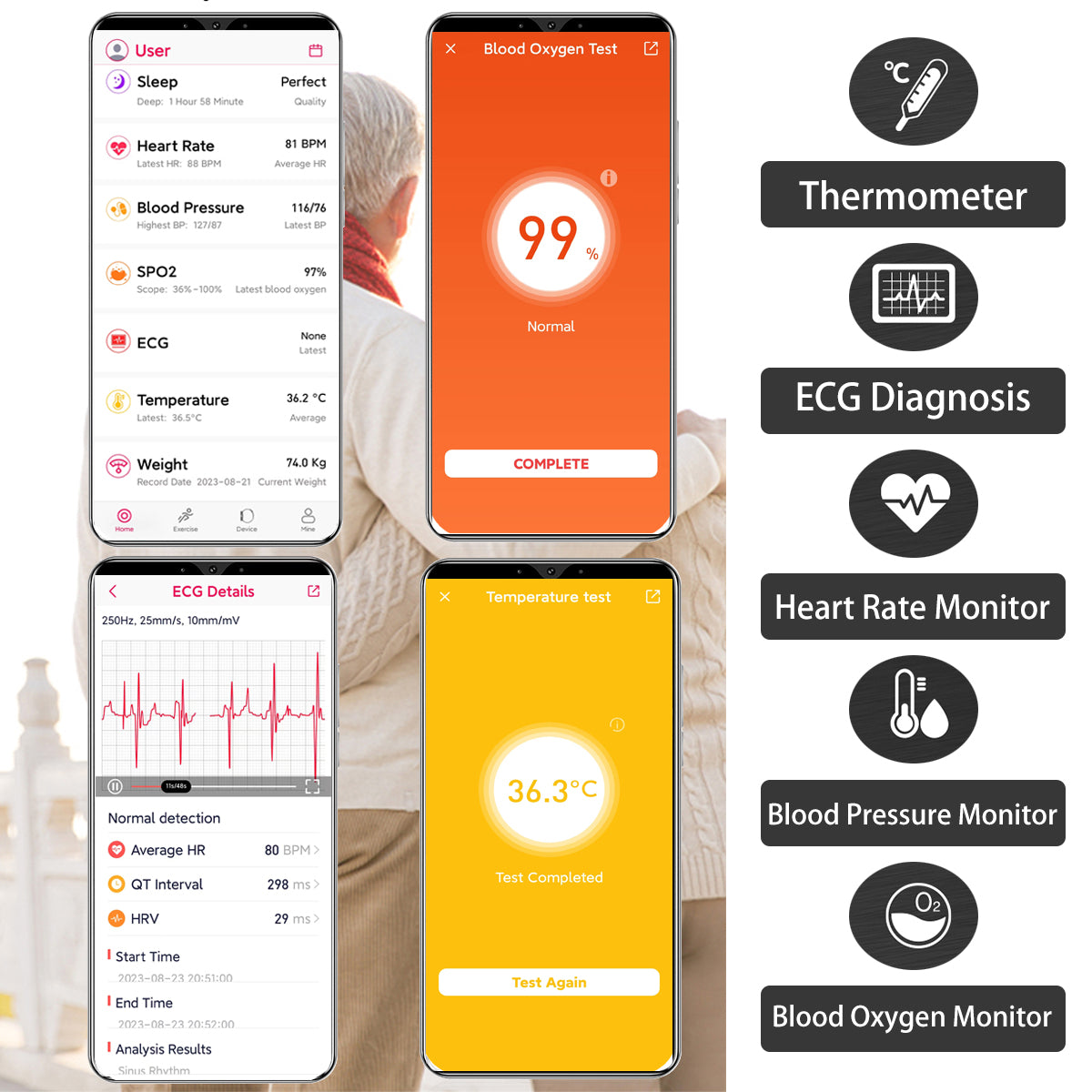 ECG Smart Bracelet Waterproof PPG SpO2 Fitness Tracker Temperature DIGIKUBER